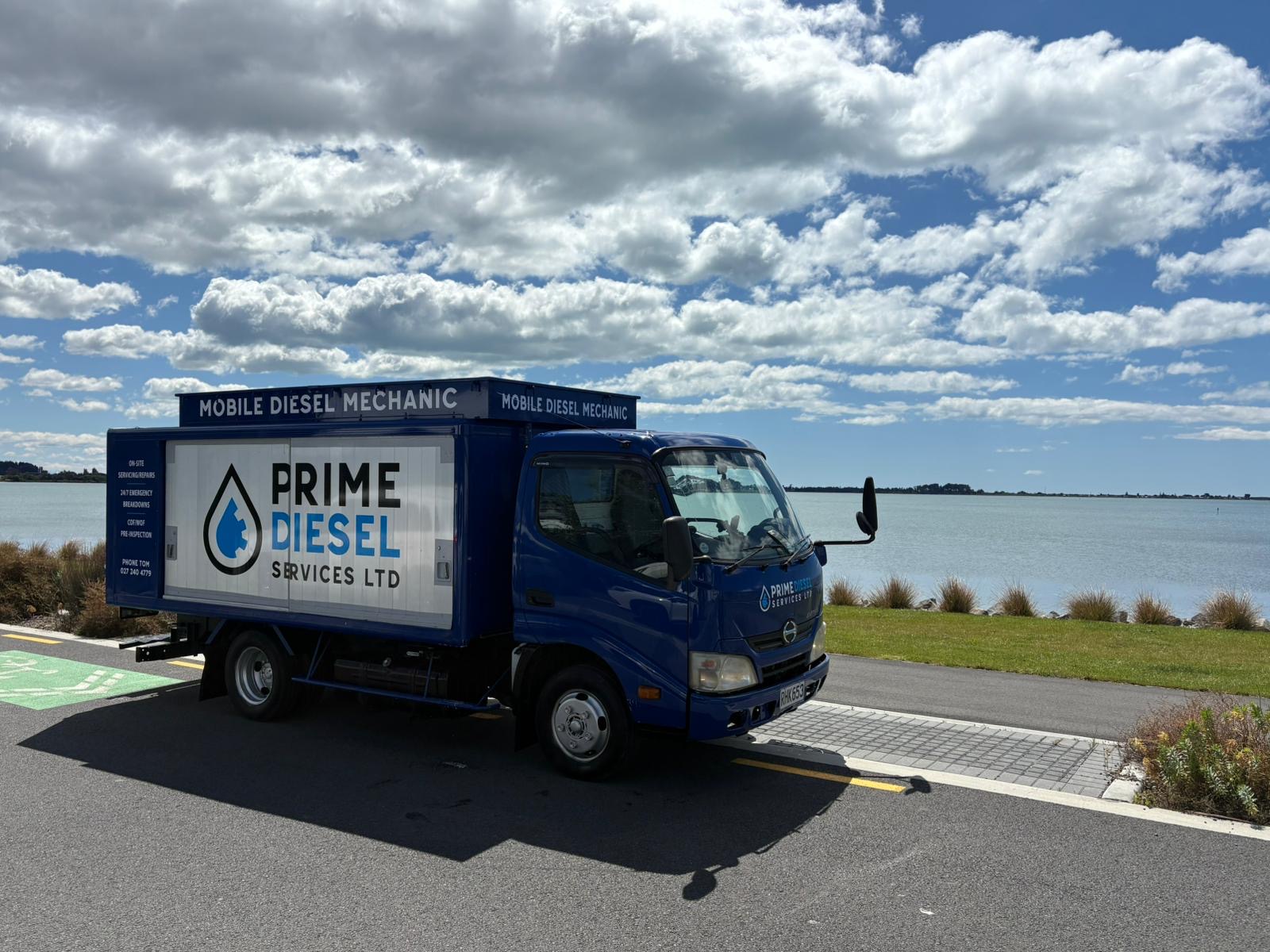 Prime Diesel mobile mechanic van beside the water